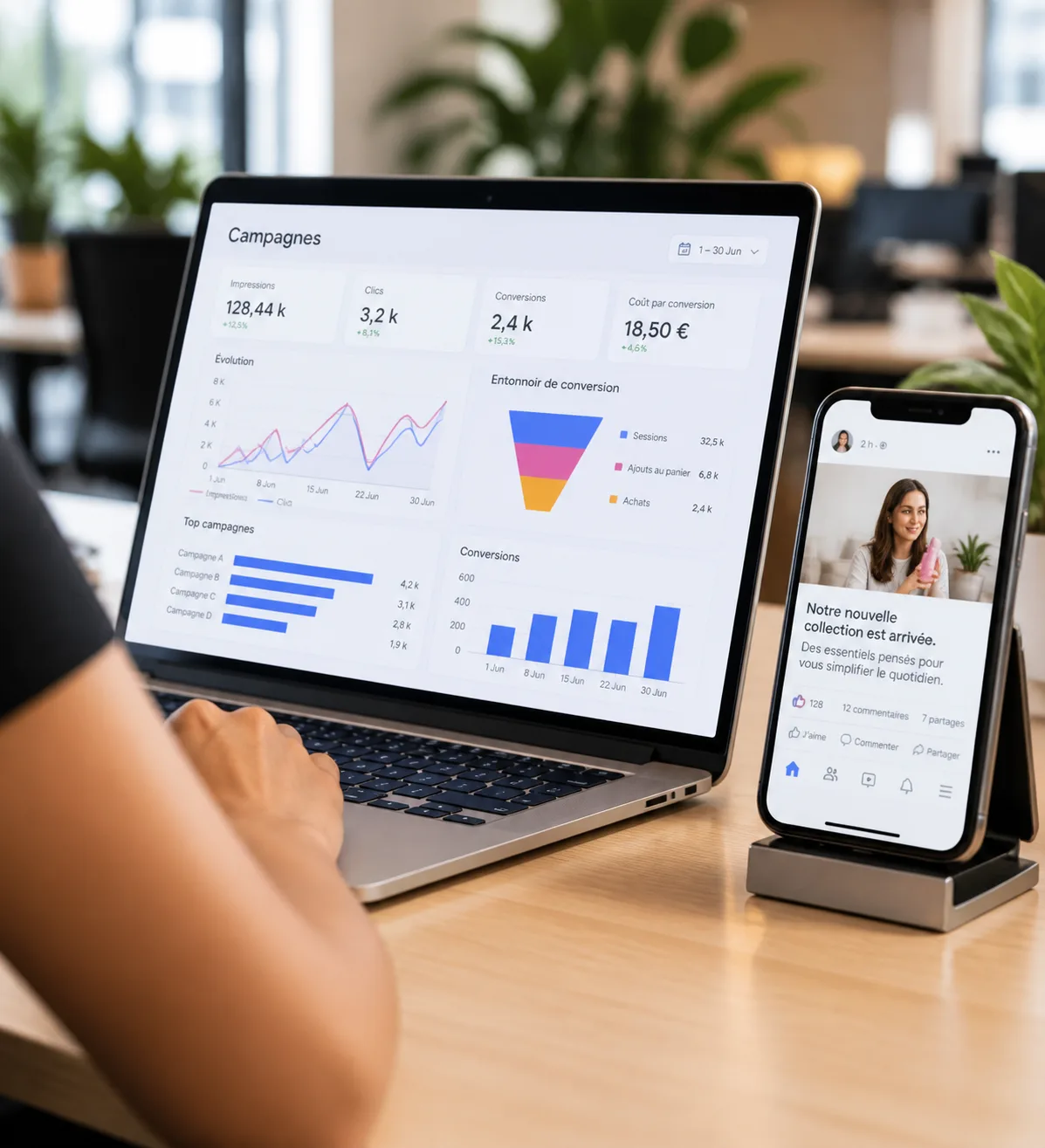 Tableau de bord de campagnes digitales sur ordinateur et mobile