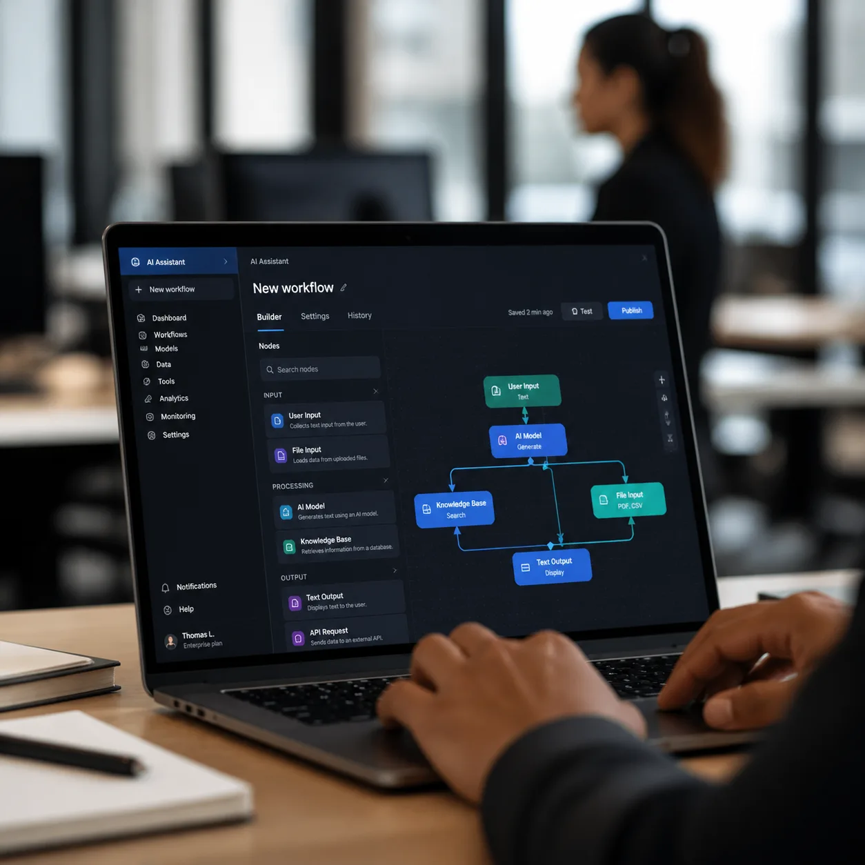 Ordinateur affichant un flux d’automatisation IA